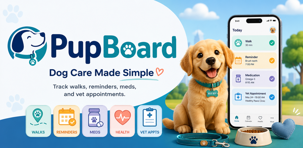PupBoard dog care tracker feature graphic.